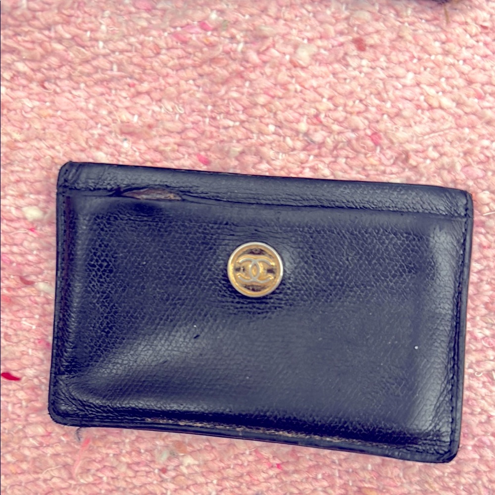 Vintage CHANEL Navy Card Holder with Gold Logo. small tears see pic.